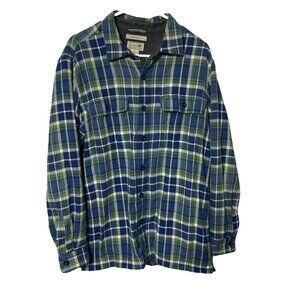 LL Bean Flannel Shirt Jacket Fleece Lined M Green Blue Plaid Shacket Outdoor